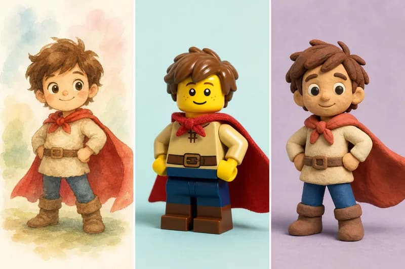 Один и тот же герой в трёх стилях: акварель, LEGO и пластилин